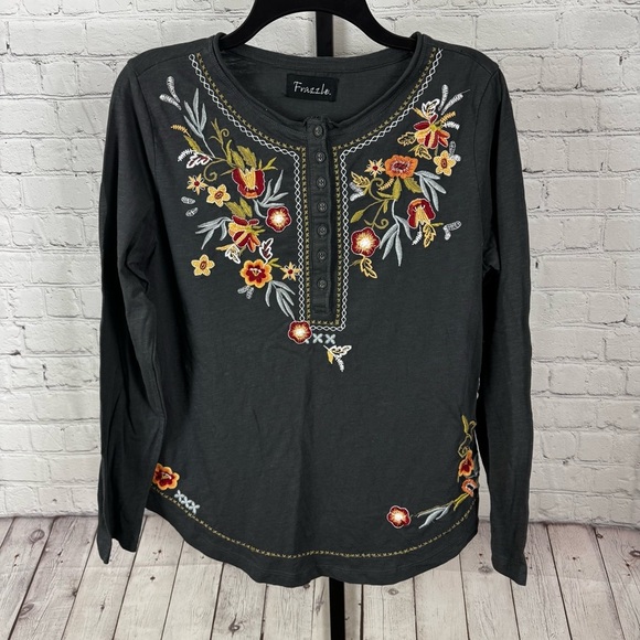 Frazzle Dark Gray Long Sleeves Embroidered Top Size Small - Picture 1 of 7